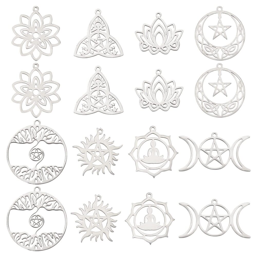 9375 1 Box 16Pcs 8 Style Tarot Style Lotus Flower Charms Stainless Steel